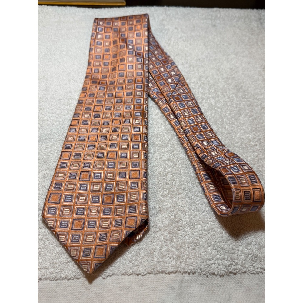 City of London Mens Silk Tie Orange Blue Geometric Square Polka Dot Lining USA